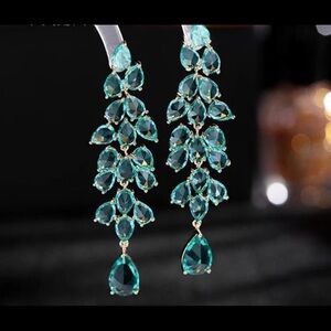 - 925 Silver Pear Cut turquoise shade chandelier bridal earrings